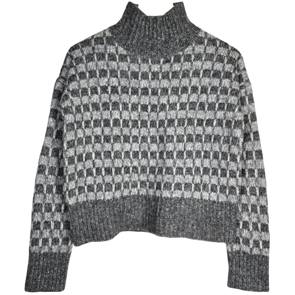 EVERLANE Womens XXS Turtleneck Sweater Checkered Pattern Gray Wool Cotton Alpaca